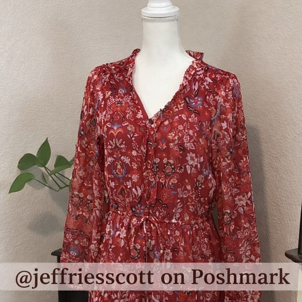 LOFT Red Floral Ruffle-Trim Button Blouse - Picture 3 of 12
